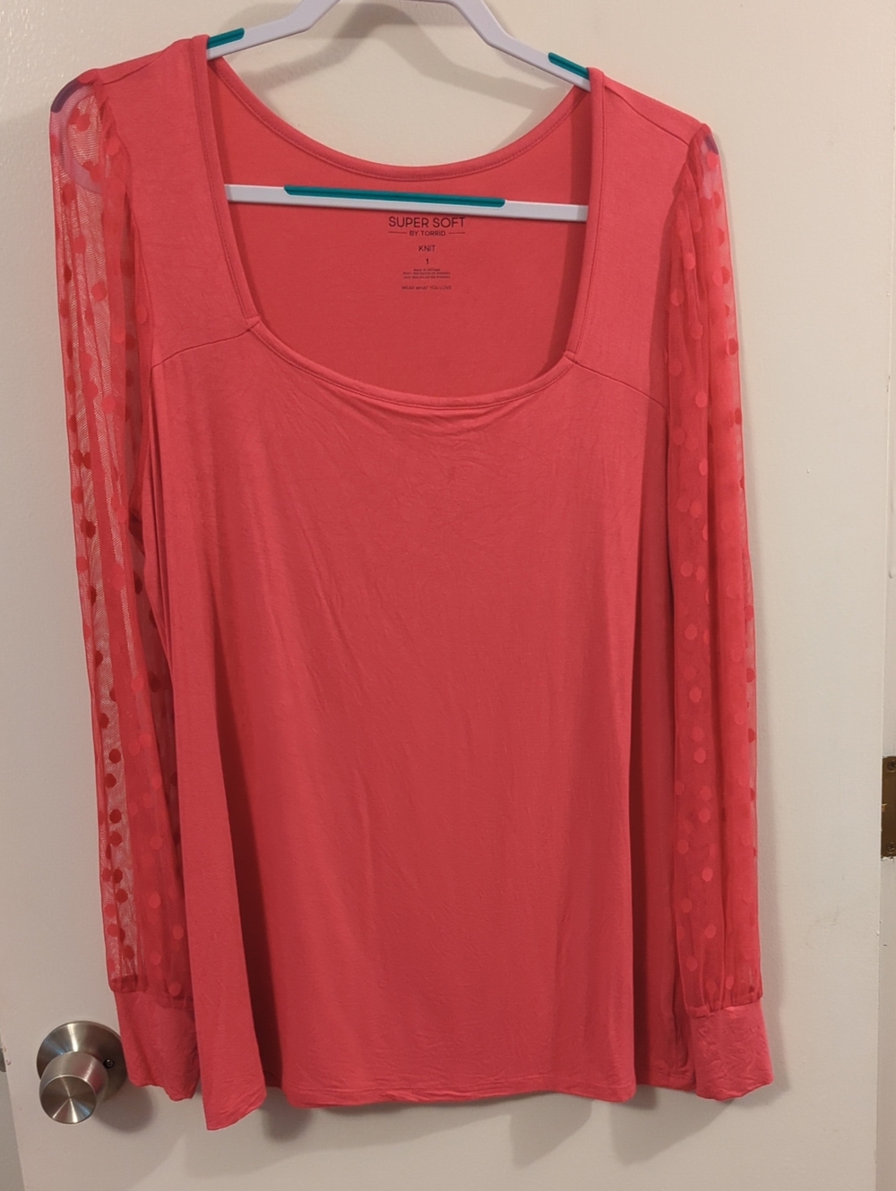 Pink Square Neck Top With Sheer Polka Dot Sleeves